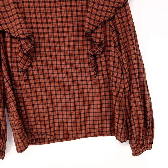 Madewell Ruffle-Front Top in Plaid Size Medium Warren Check Rust Long Sleeve - Picture 15 of 16
